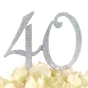 Rhinestone Cake Topper - Number 40 - Silver Metal with Czech Rhinestones